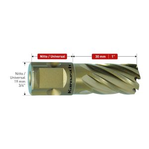 HSS-XE annular cutter,  Nitto/Uni- shank 19 mm (3/4'), drill depth 30 mm,  Gold-Drill Line30                              d=5/8'