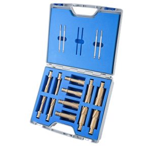 Kit PROFI,    Hard-Line55 12 carbide tipped annular cutters:  drill depth 55mm, Nitto/Uni- shank 19mm (3/4'), 3 pcs each ? 14, 18, 22, 26mm, 2 ejector pins 6,34x102mm, for ?12-17mm 2 ejector pins 7,98x105mm, for ?18-26mm