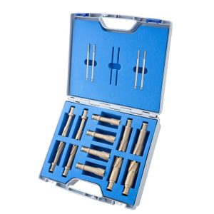 Kit PROFI PLUS,    Hard-Line55 12 carbide tipped annular cutters:  drill depth 55mm, Nitto/Uni- shank 19mm (3/4'), 2 pcs each ? 12, 14, 16, 18, 22, 26mm, 2 ejector pins 6,34x102mm, for ?12-17mm 2 ejector pins 7,98x105mm, for ?18-26mm