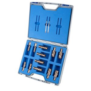 Kit PROFI PLUS,    Gold-Drill Line30 12 HSS-XE uncoated annular cutters:  drill depth 30mm, Nitto/Uni- shank 19mm (3/4'), 2 pcs each ? 9/16', 5/8', 11/16', 3/4', 13/16', 7/8', 2 ejector pins 6,34x77mm